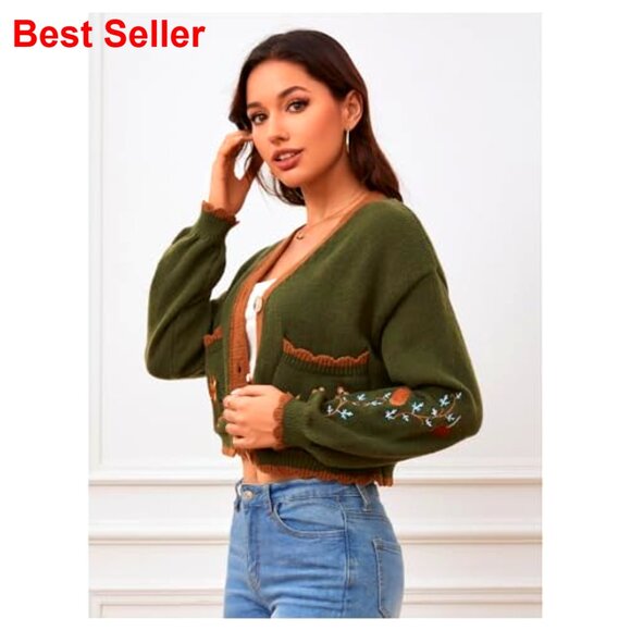 Floral Embroidered Cropped Cardigan Open Front Western Sweater Boho Cottagecore - Picture 3 of 7